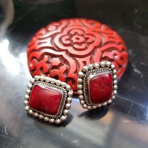 Sterling silver coral red cabochon earrings